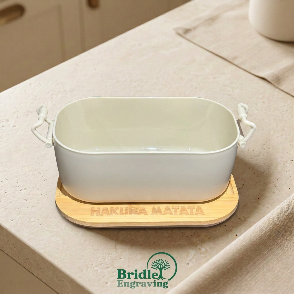 Open cream snack box with wooden lid on a warm kitchen background with Bridle Engraving logo