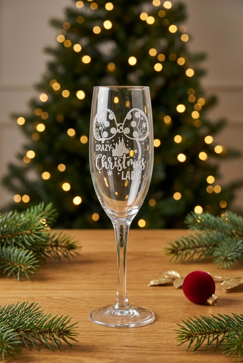 Crazy Christmas Lady engraved champagne glass in a festive Christmas setting