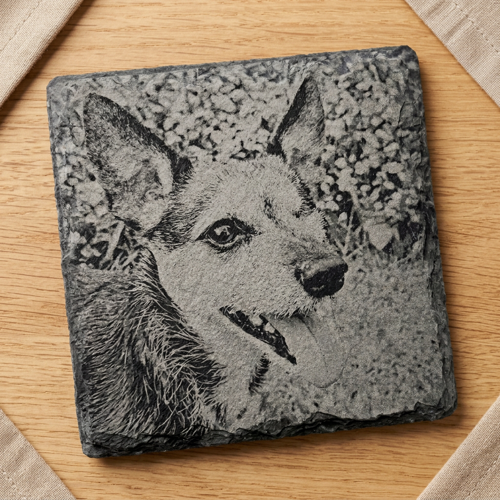 Dog photograph engraved on square slate coaster on an oak table