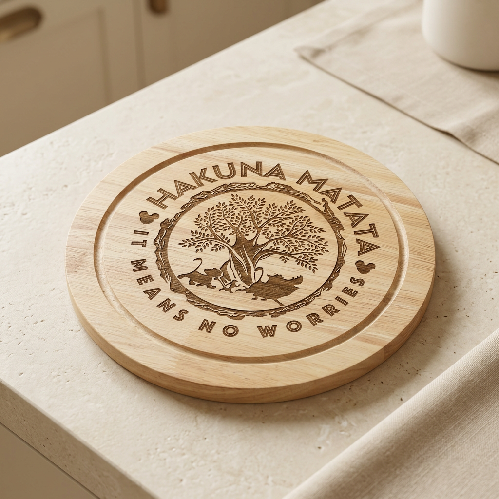 Hakuna Matata engraved wooden cheese board on a neutral kitchen countertop