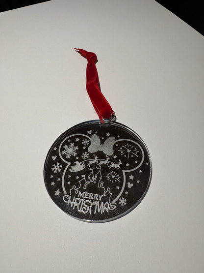 Engraved Silver mirror Christmas Tree Decoration