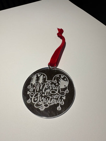 Engraved Silver mirror Christmas Tree Decoration