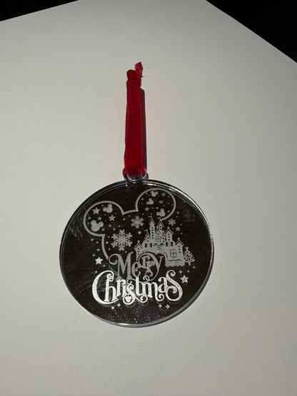 Engraved Silver mirror Christmas Tree Decoration
