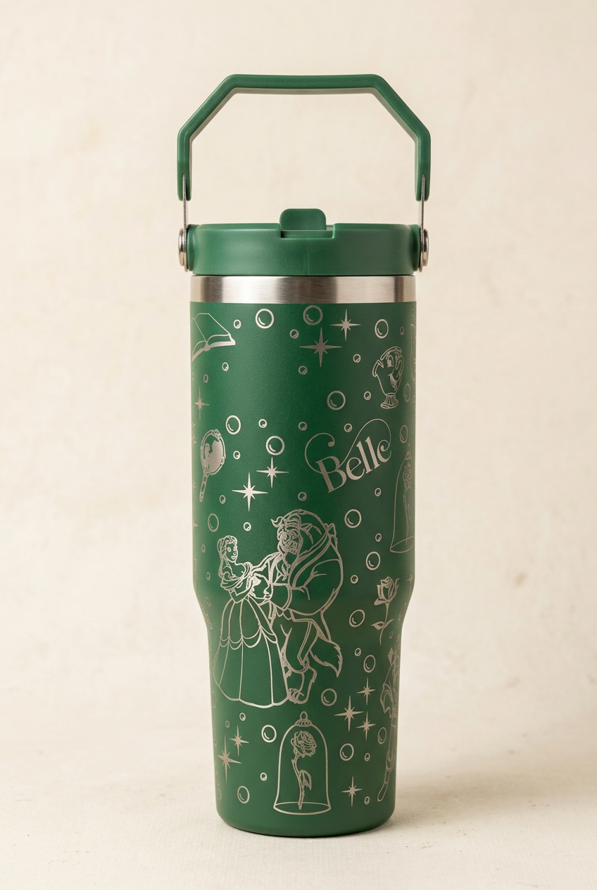 Green 30oz Beauty and the Beast tumbler colour mock-up
