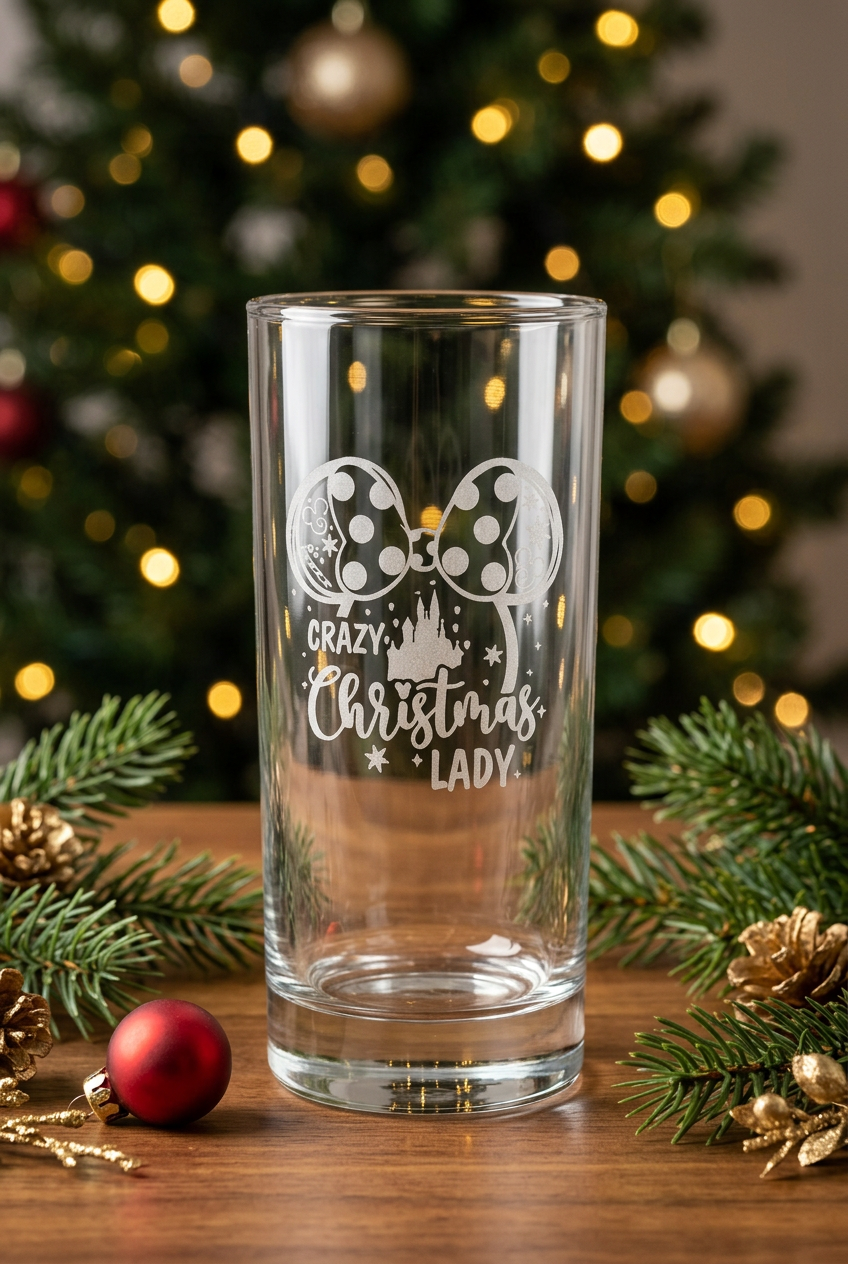 Crazy Christmas Lady laser-engraved highball glass in a festive Christmas setting
