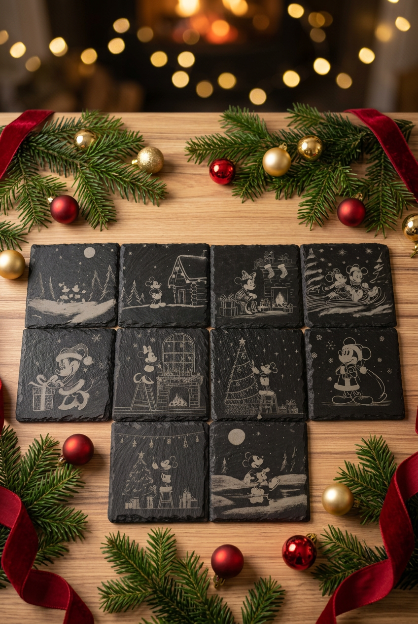 Laser-Engraved Slate Christmas Mouse Coasters