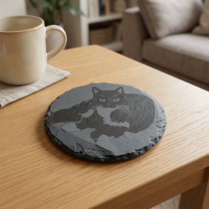 Round slate coaster engraved with a cat portrait on an oak coffee table