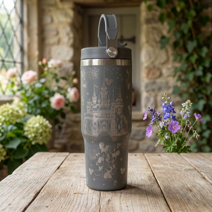 Grey castle-engraved tumbler in a country cottage setting