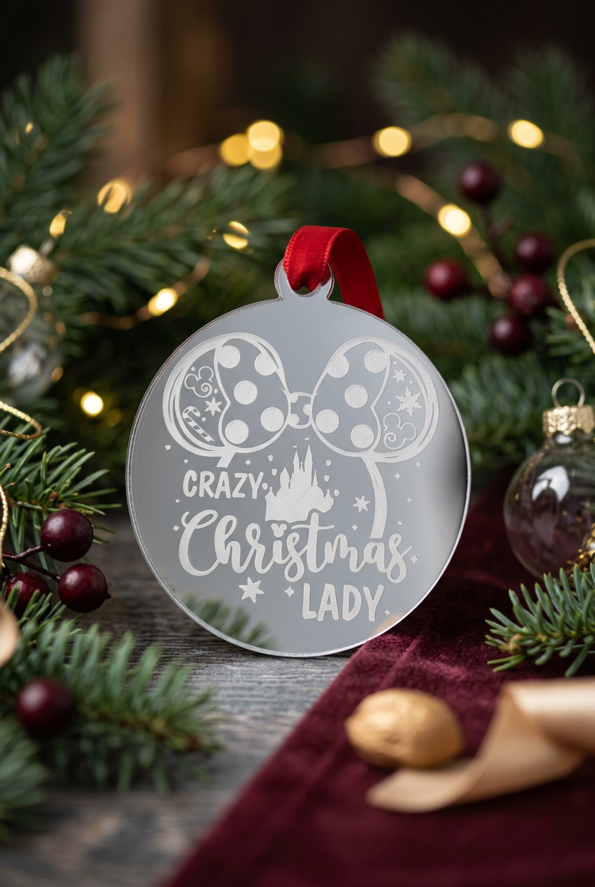 Silver mirror Crazy Christmas Lady decoration in a festive setting