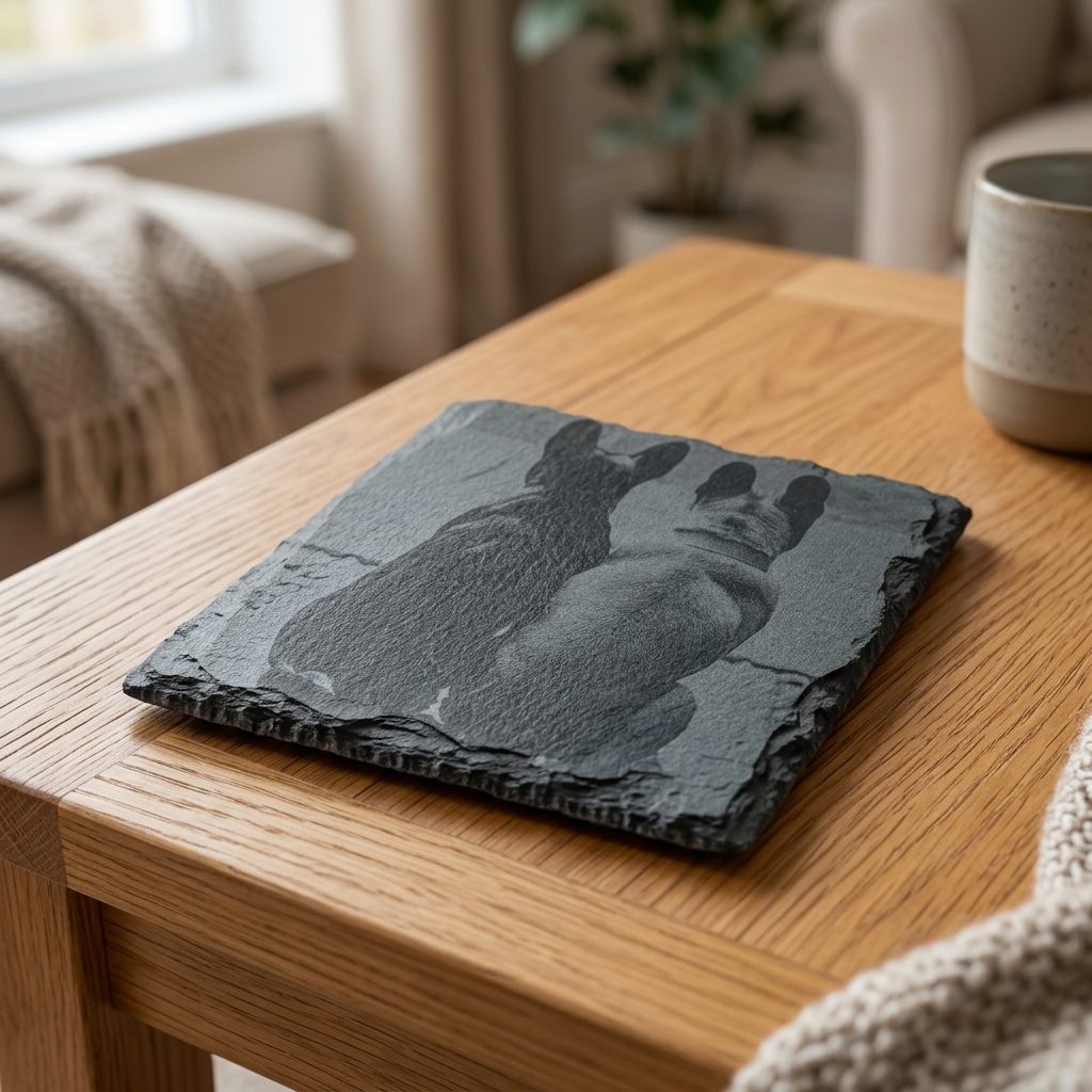 Penguin engraved slate coaster on an oak table