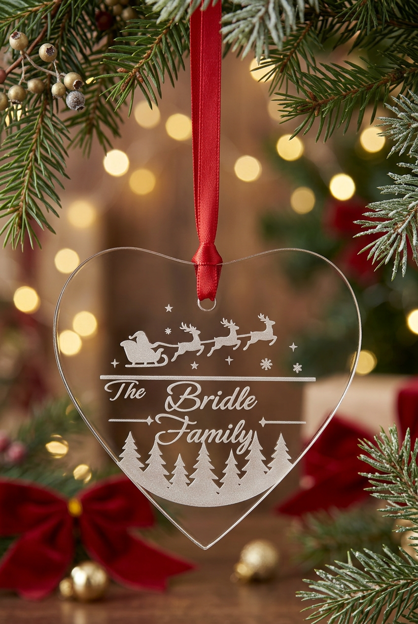 Personalised family Christmas heart decoration in a festive setting