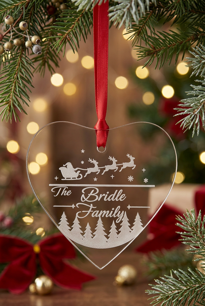 Personalised family Christmas heart decoration in a festive setting