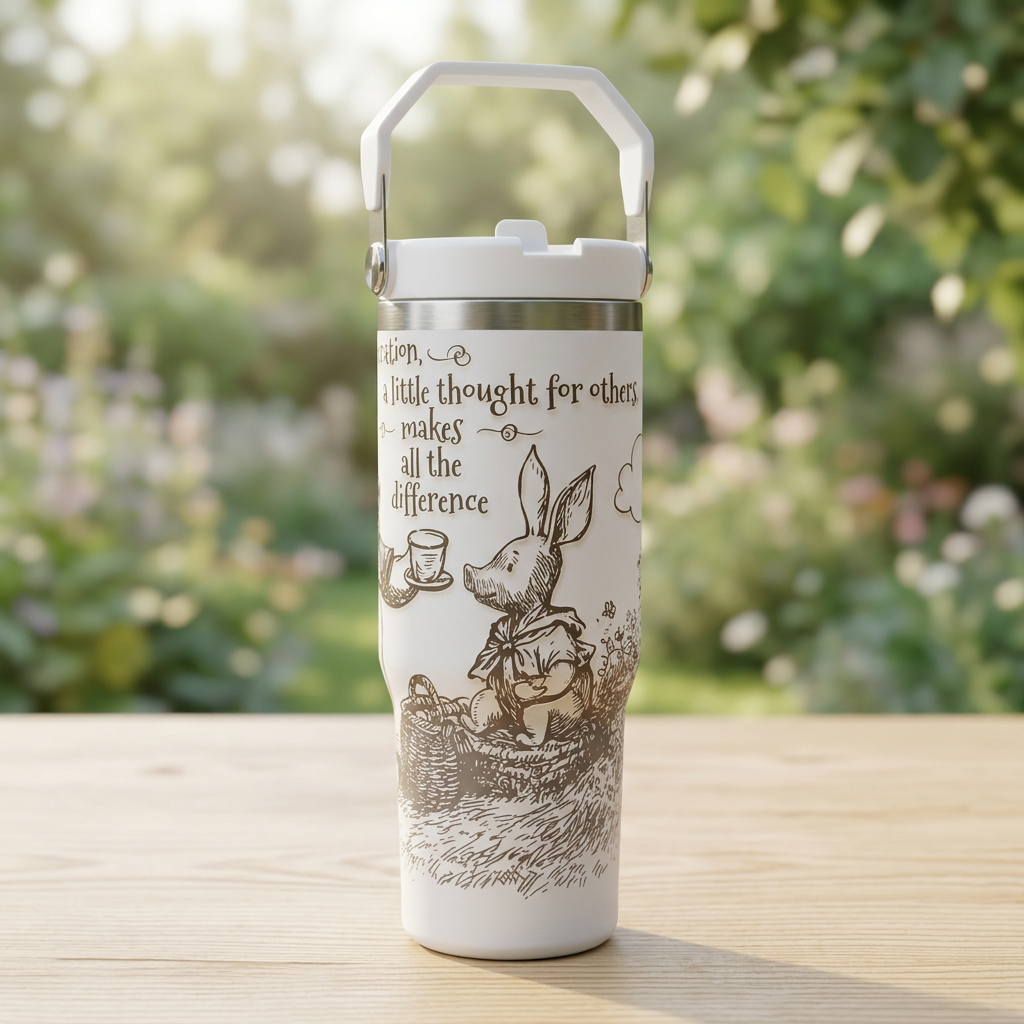 Piglet side of the white engraved carry-handle bottle in a garden setting
