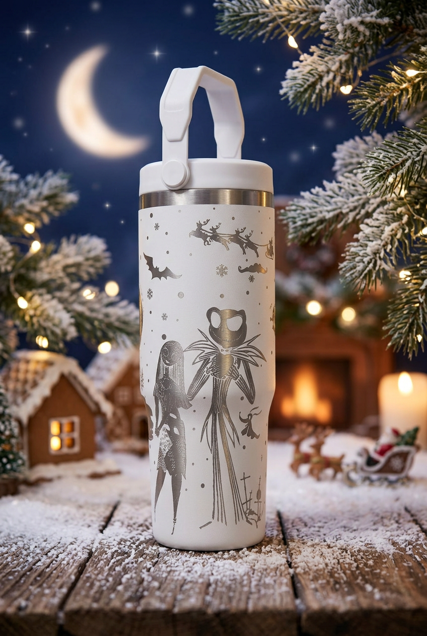 White 30oz thermal tumbler with silver-toned Night Before Christmas engraving and colour-matched carry-handle lid, on a moonlit festive background
