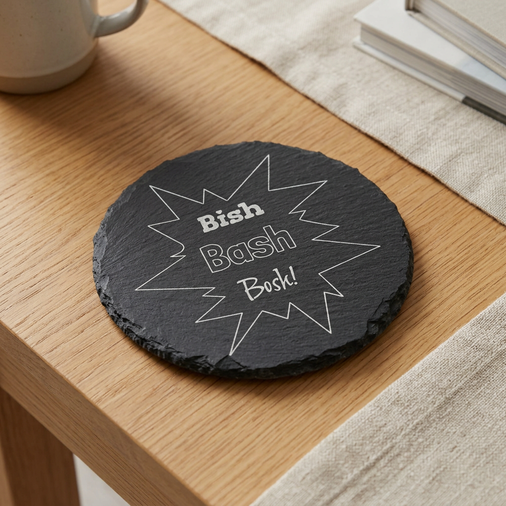 Bish Bash Bosh engraved slate coaster on an oak table