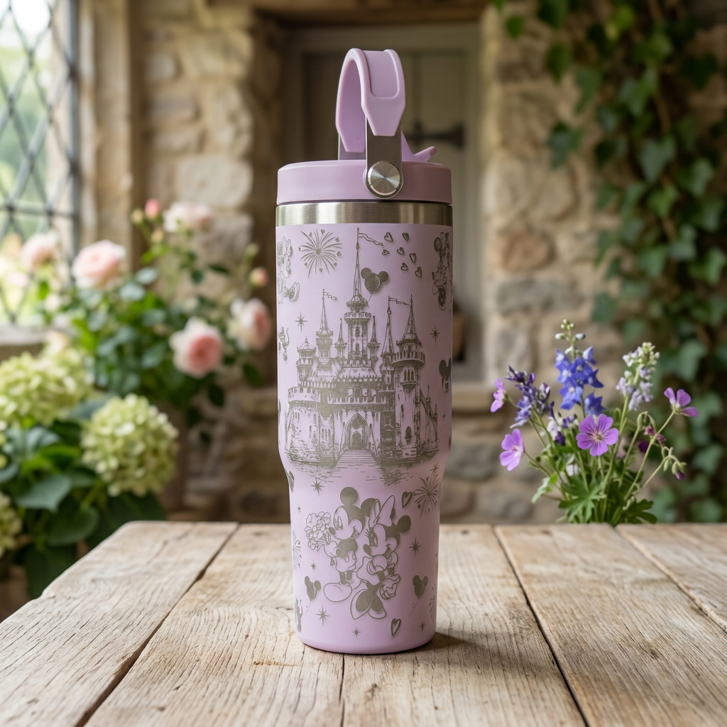 Lavender castle-engraved thermal tumbler on a rustic wooden table in a country cottage setting
