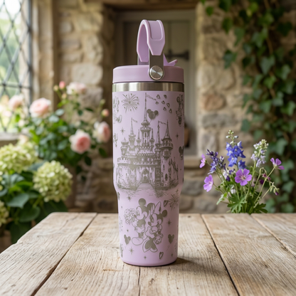 Lavender castle-engraved thermal tumbler on a rustic wooden table in a country cottage setting