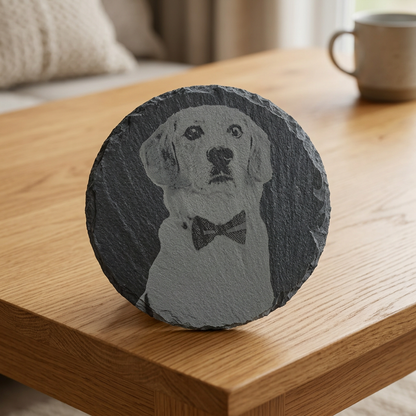 Bow-tie dog portrait slate coaster on an oak table