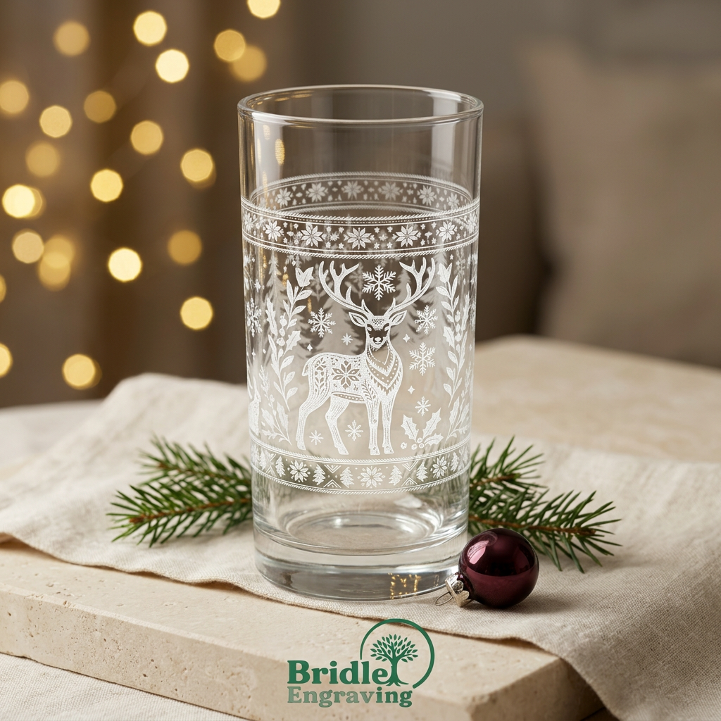 Woodland stag engraved highball glass with festive fairy lights and Bridle Engraving logo