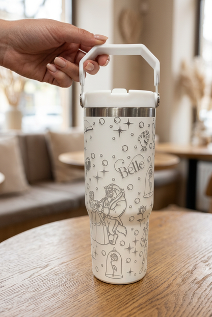 White Beauty and the Beast tumbler in a café lifestyle mock-up