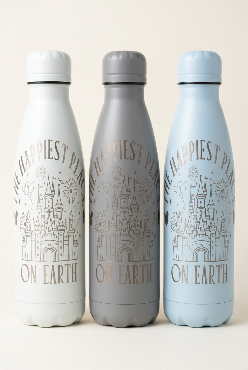 Gray 500ml thermal bottle with engraved castle, fireworks and Happiest Place on Earth wording, colour mock-up