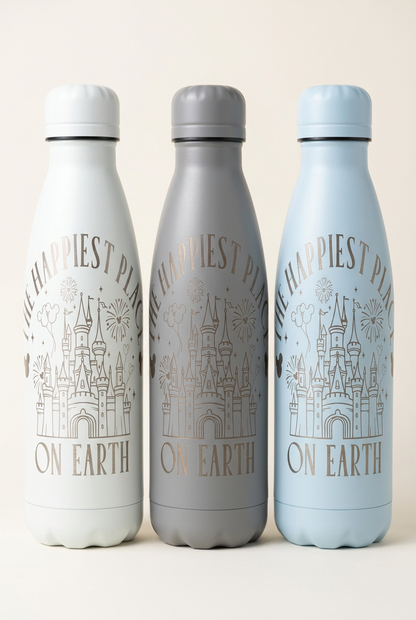 Gray 500ml thermal bottle with engraved castle, fireworks and Happiest Place on Earth wording, colour mock-up