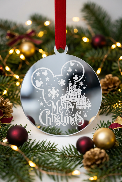 Silver mirror Christmas decoration, ears and castle design in a festive setting