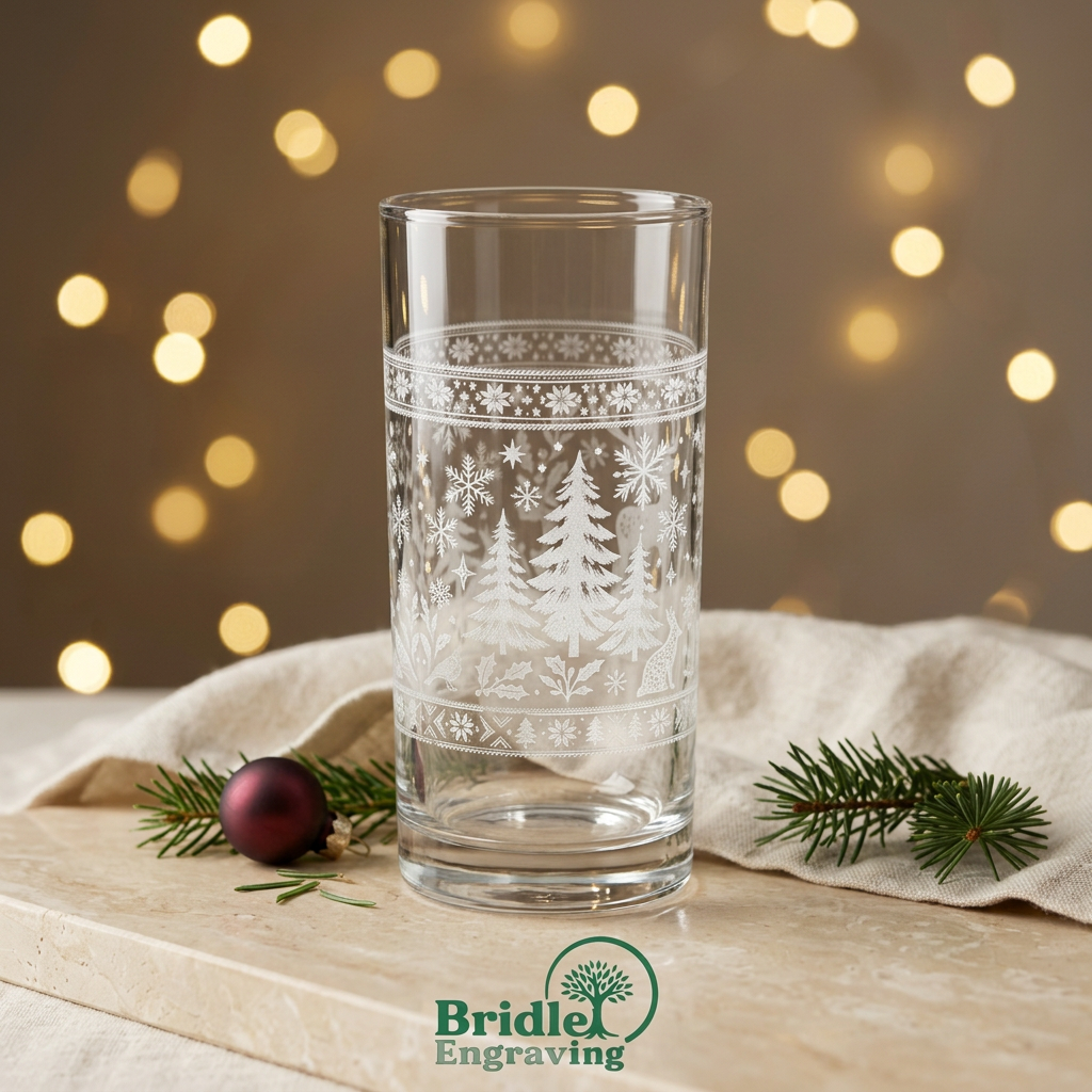 Woodland engraved glass showing fir trees and snowflakes in a festive setting with Bridle Engraving logo