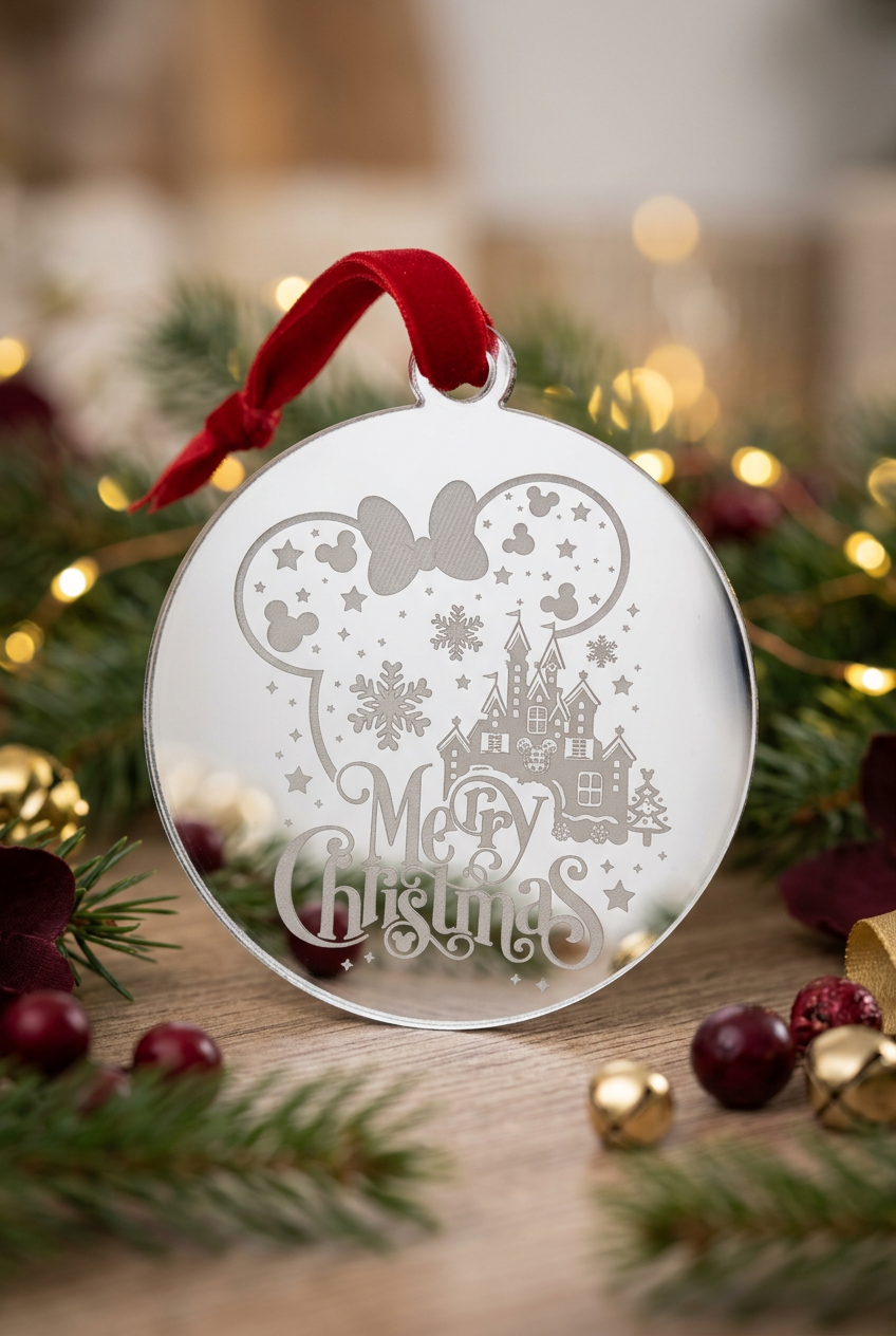 Silver mirror Christmas decoration, bow and castle design in a festive setting