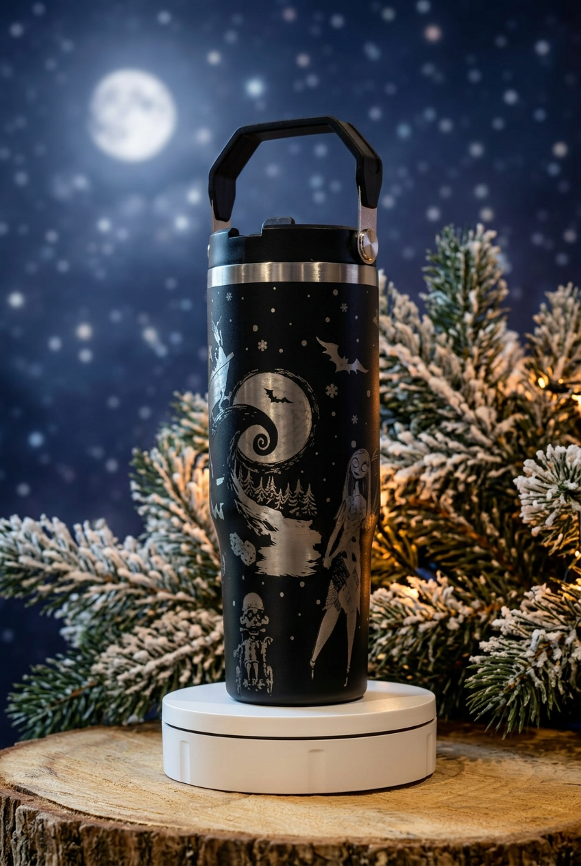 Black 30oz thermal tumbler with engraved spiral hill moon scene, on a moonlit festive background