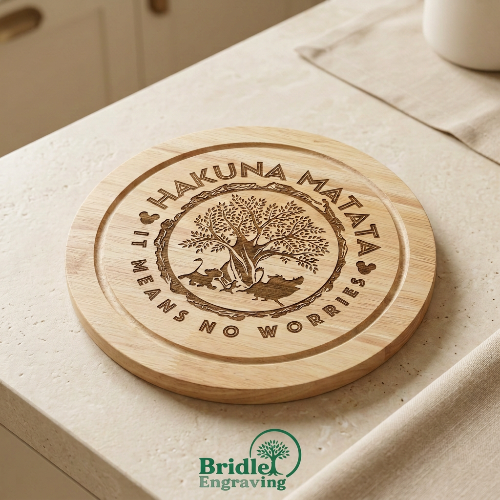 Hakuna Matata engraved wooden cheese board with Bridle Engraving logo on a neutral kitchen background