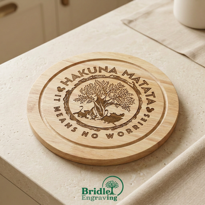 Hakuna Matata engraved wooden cheese board with Bridle Engraving logo on a neutral kitchen background