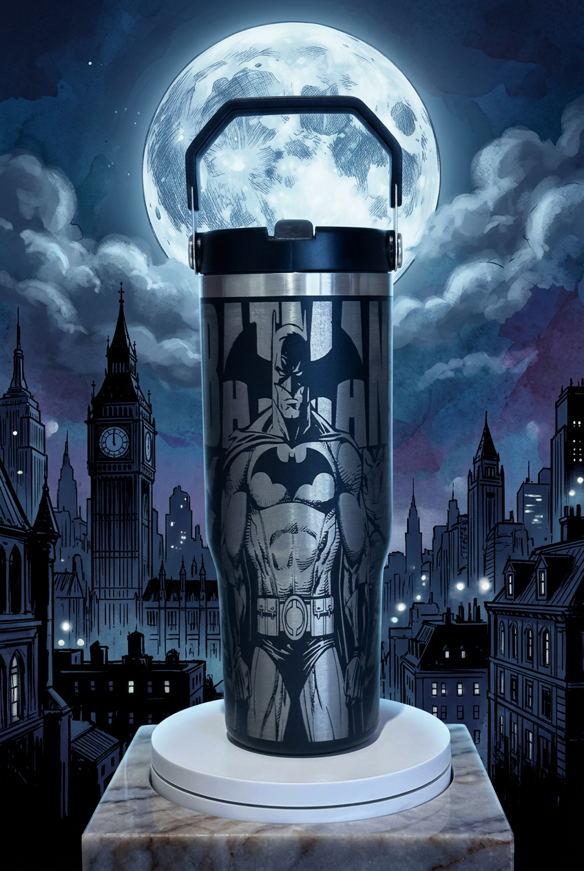 Black 30oz thermal tumbler with full engraved comic character artwork, on a moody night-city background