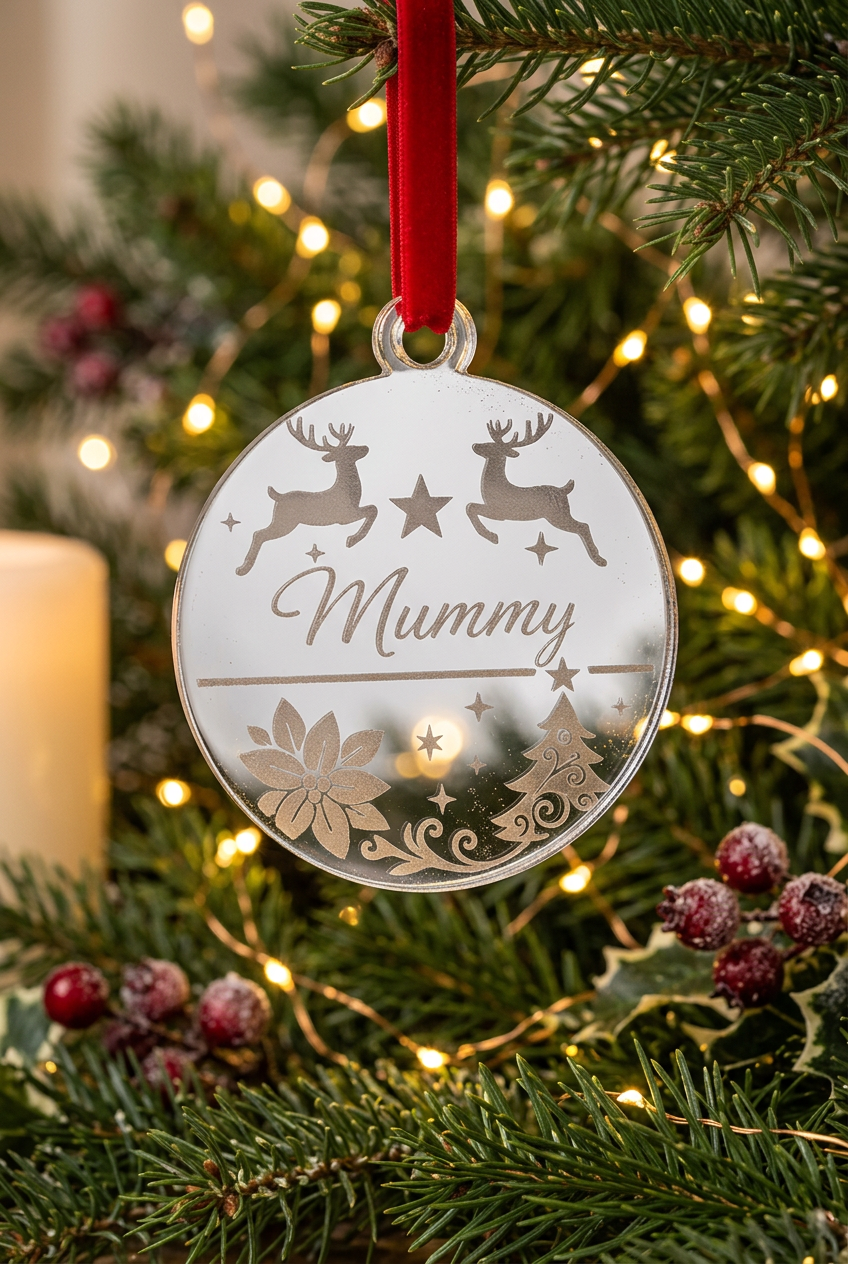 Mummy personalised silver mirrored decoration in a festive setting