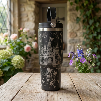 Black castle-engraved tumbler in a country cottage setting