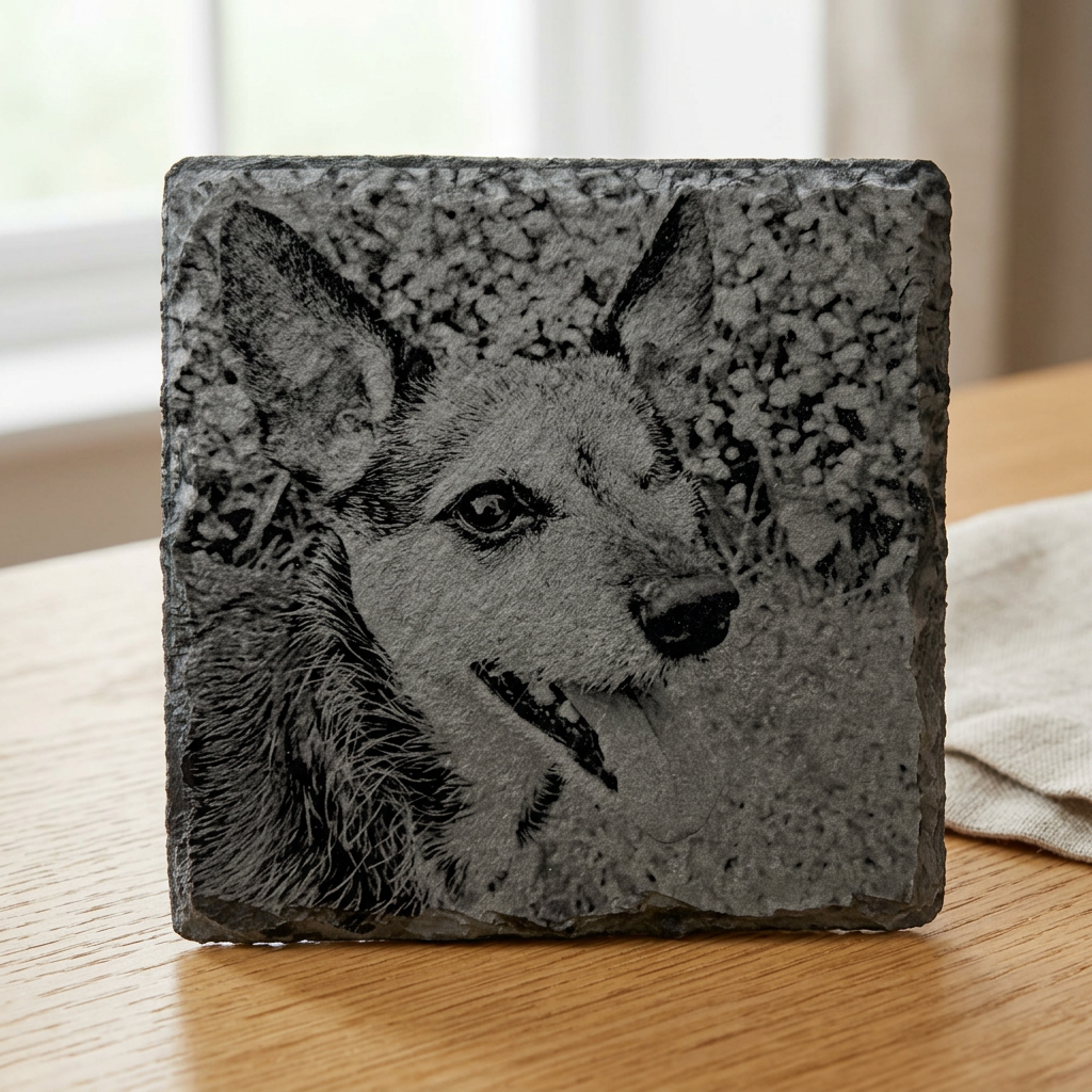 Square dog portrait slate coaster on an oak table