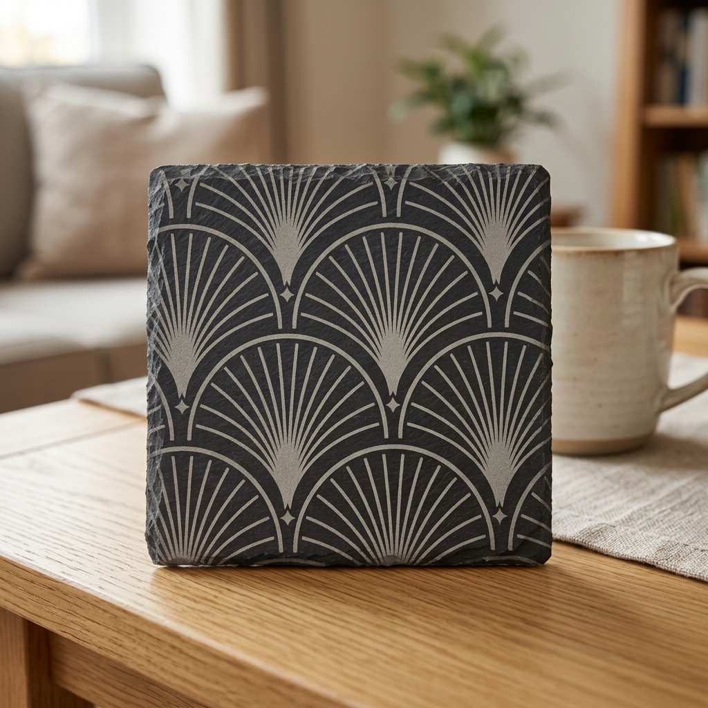 Square slate coaster with an engraved fan pattern on an oak coffee table