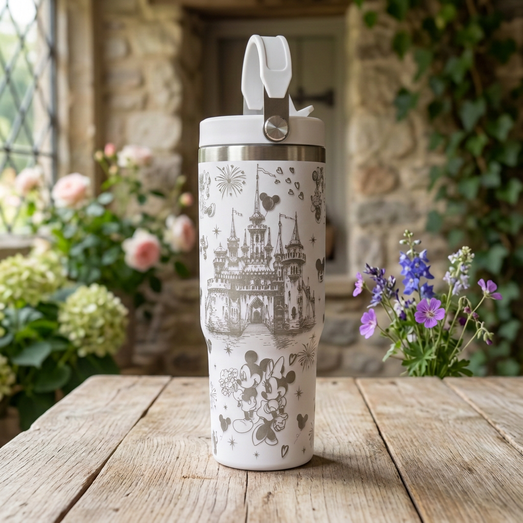 White castle-engraved tumbler in a country cottage setting
