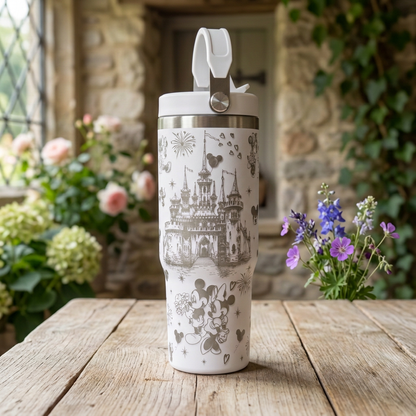White castle-engraved tumbler in a country cottage setting