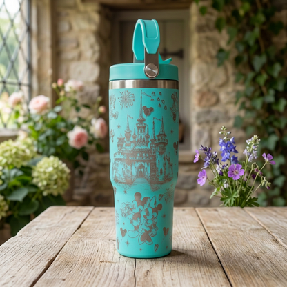 Teal castle-engraved tumbler in a country cottage setting