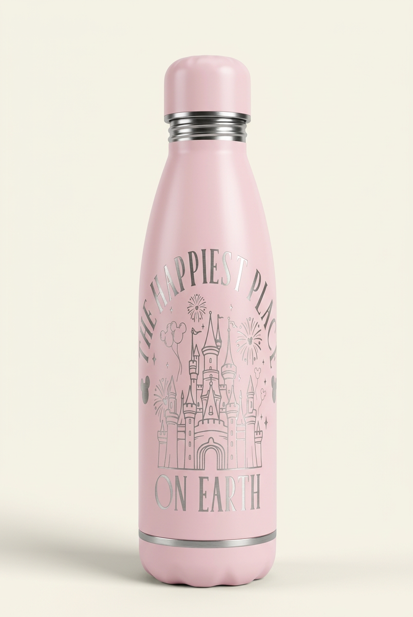 Baby pink 500ml thermal bottle with engraved castle, fireworks and Happiest Place on Earth wording, colour mock-up