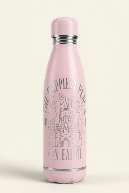 Baby pink 500ml thermal bottle with engraved castle, fireworks and Happiest Place on Earth wording, colour mock-up