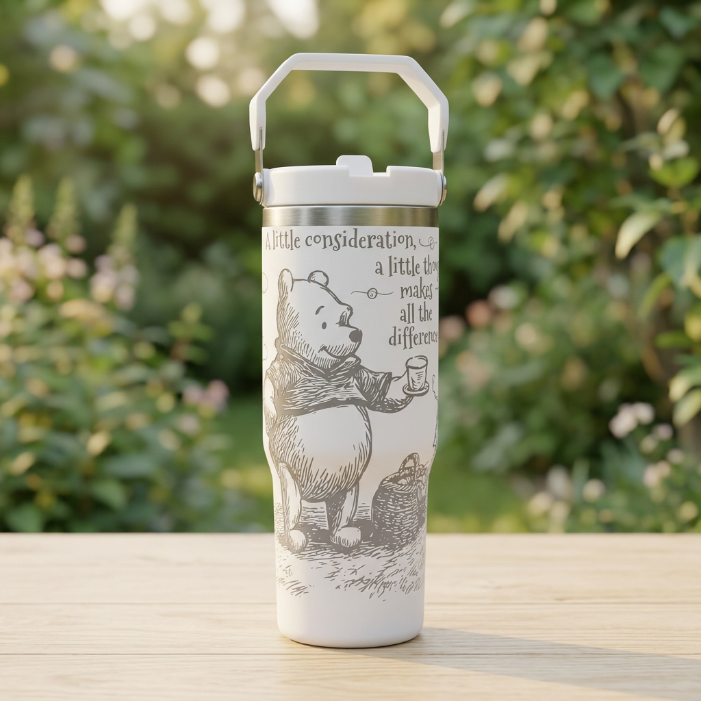 White Winnie-the-Pooh engraved carry-handle bottle on a wooden tabletop in a garden