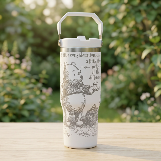 White Winnie-the-Pooh engraved carry-handle bottle on a wooden tabletop in a garden