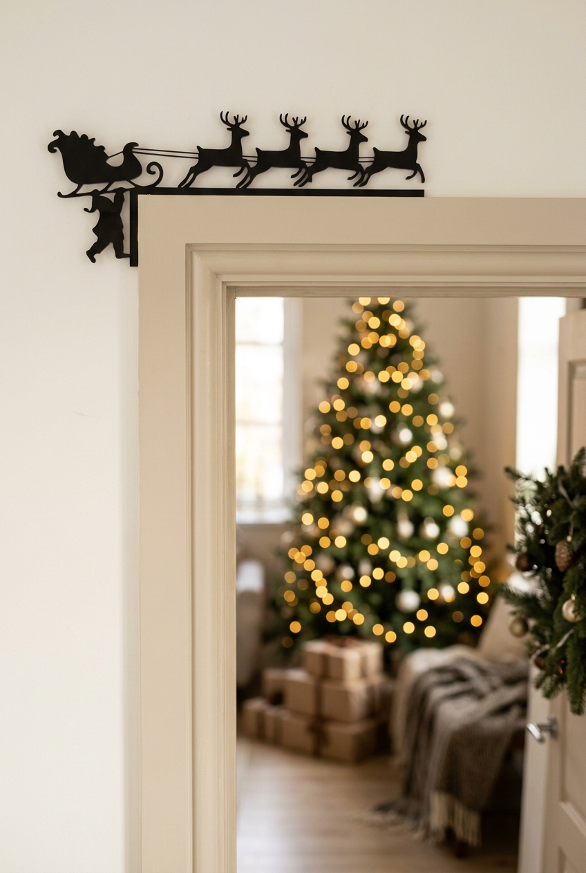 Santa sleigh and reindeer door frame decoration in a festive interior