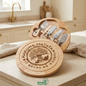 Open Hakuna Matata wooden cheese board and utensil set with Bridle Engraving logo on a neutral kitchen background