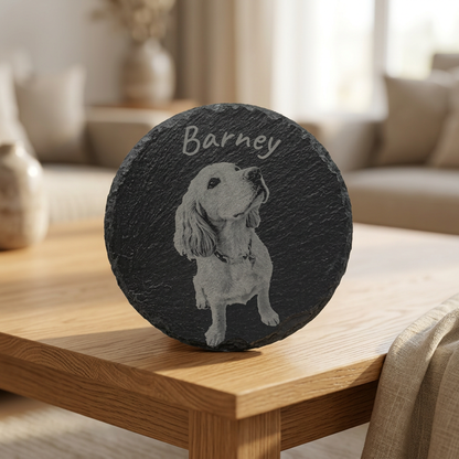 Barney dog portrait slate coaster on an oak table