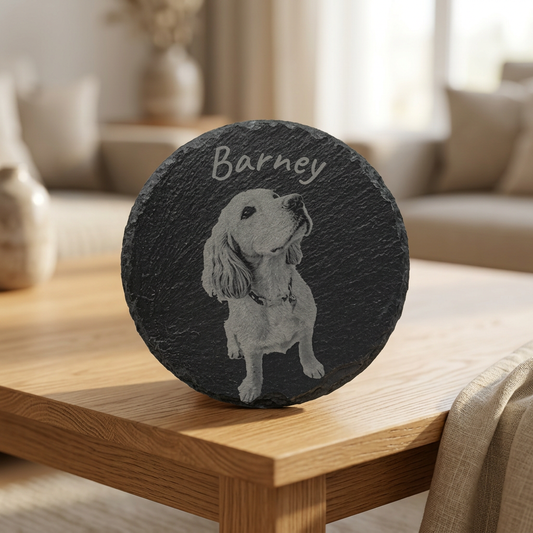 Barney dog portrait slate coaster on an oak table