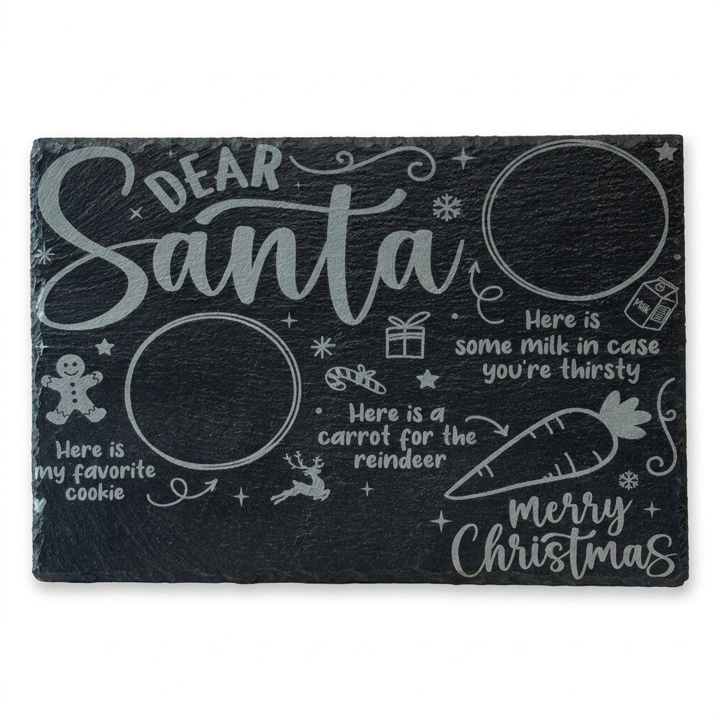 Engraved slate Santa treat tray on a white background