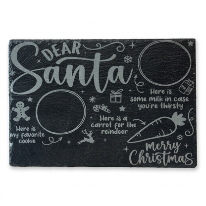 Engraved slate Santa treat tray on a white background